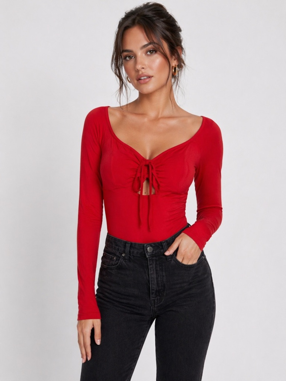 Motel Rocks Red Long-Sleeve Tie-Front Bodysuit